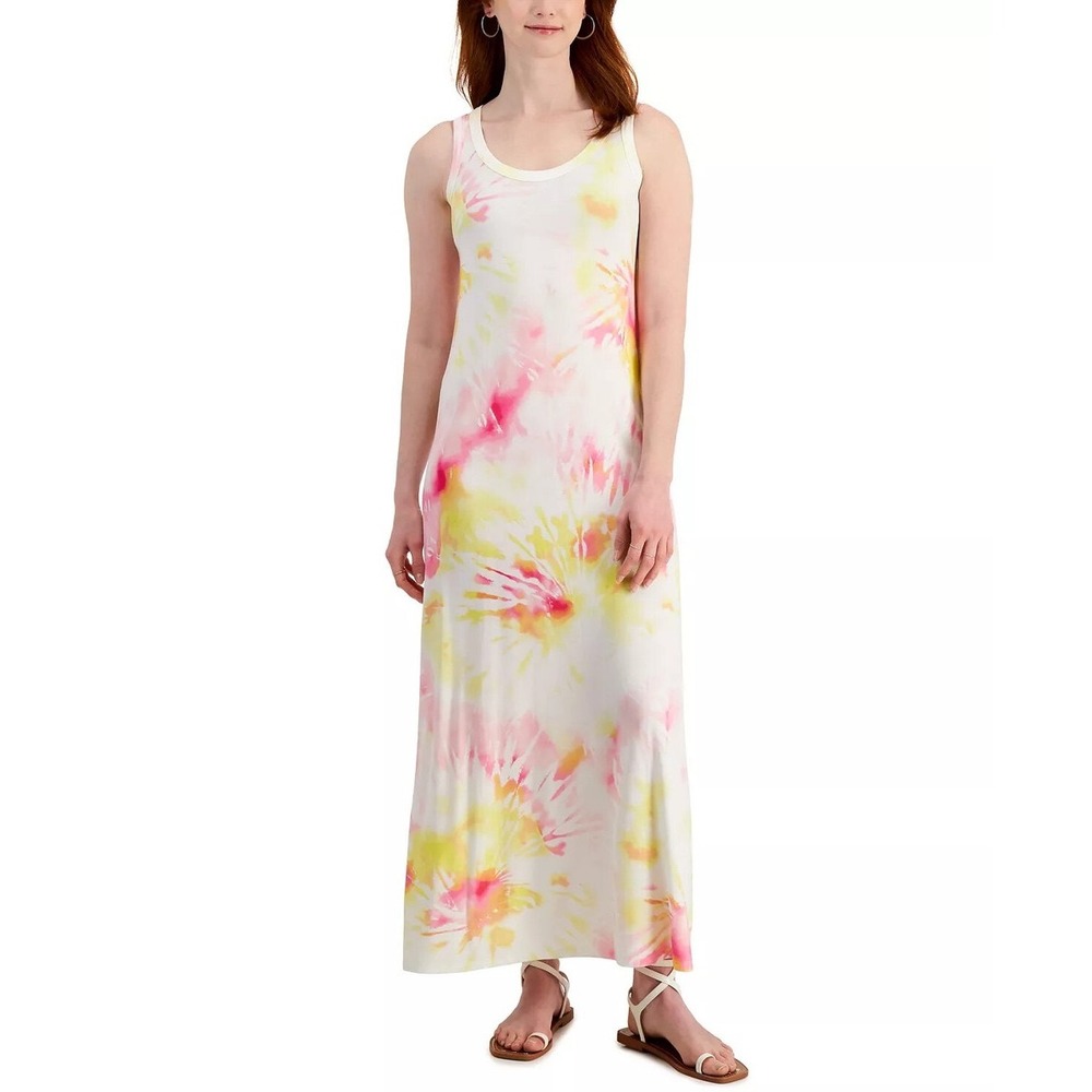 820. Style & Co Petite Tie-Dye Maxi Jersey Dress Yellow Multi Sz PM
